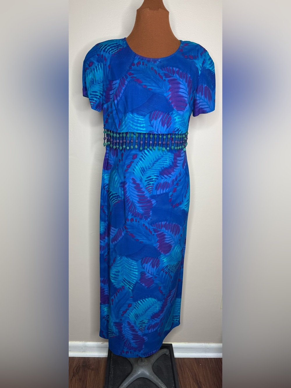 Studio Ease 80s Blue Tropical-Print Beaded Waist Maxi Dress Size 6